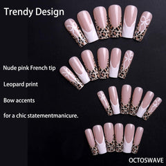 octoswave leopard bow accent nails on hand suggest chic party style.