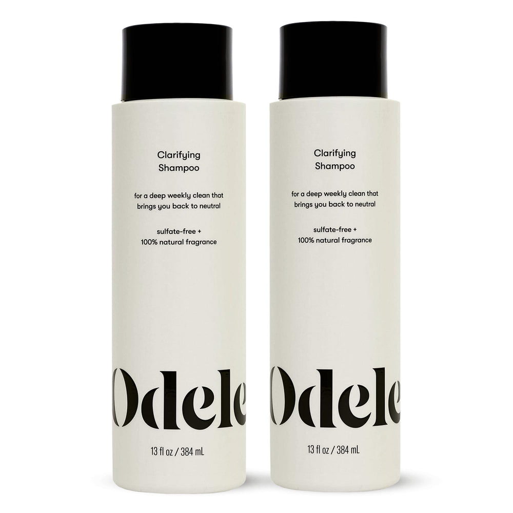 Odele Clarifying Shampoo bottle demonstrates a deep-clean action removing buildup