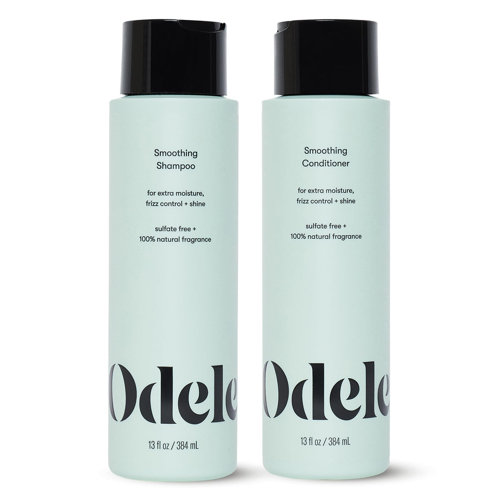 Odele smoothing shampoo bottle highlights frizz control and moisture.