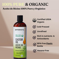 Offernova Castor Oil glass bottle studio shot highlighting purity.