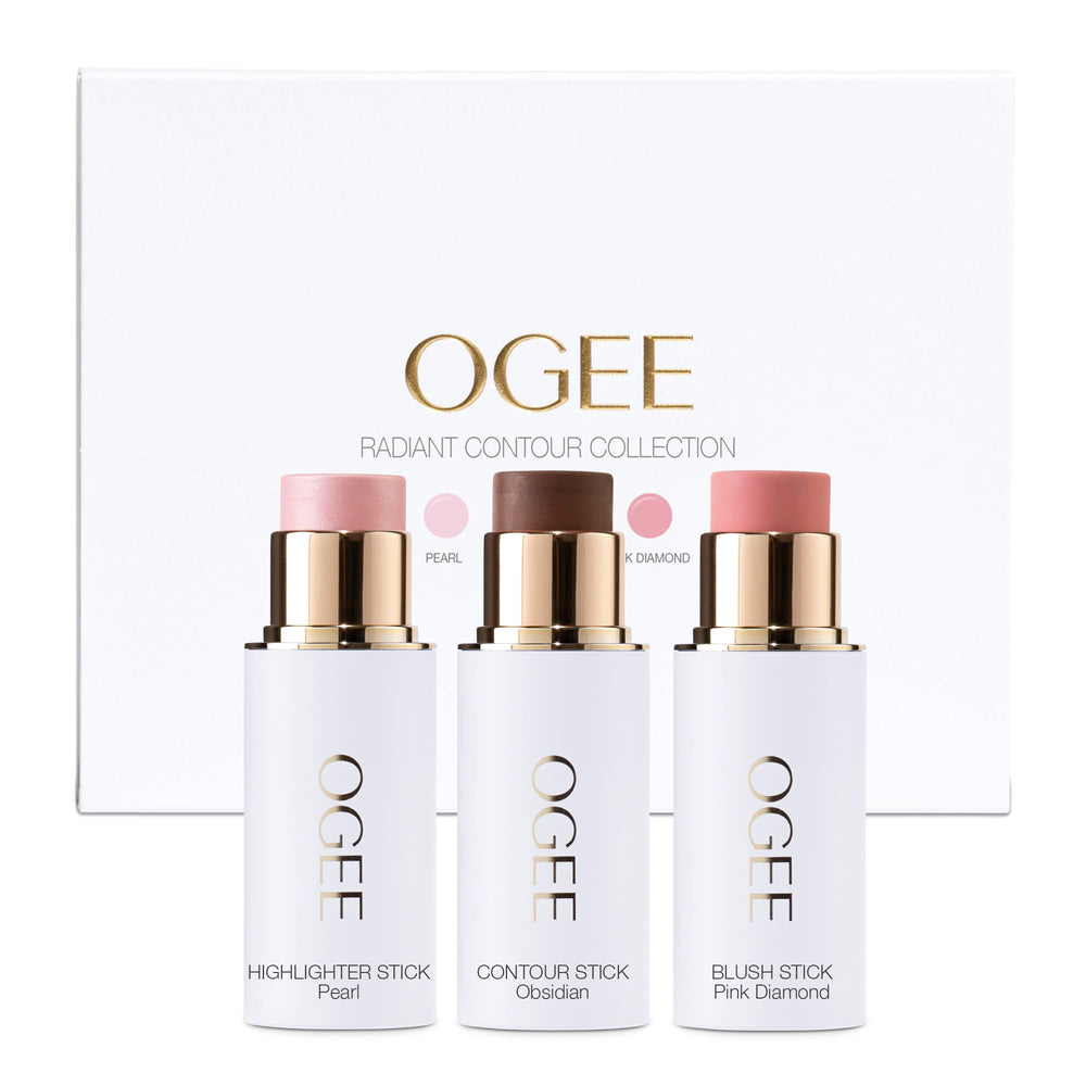 Ogee Face Stick Radiant Trio packshot highlights organic contour set for effortless glow