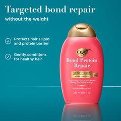 OGX Bond Protein Repair Conditioner label close-up highlighting Bond Protein Repair technology.