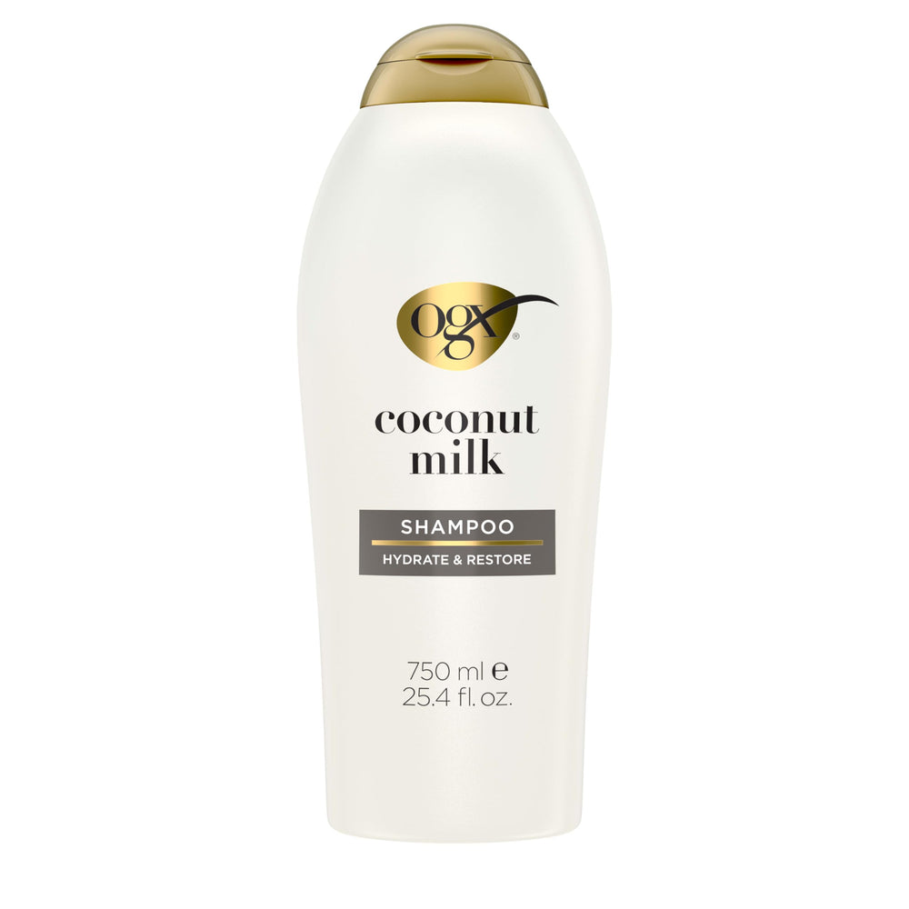 OGX Nourishing Coconut Milk Shampoo botella, hidratación inmediata para cabello seco.