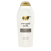 OGX Nourishing Coconut Milk Shampoo botella, hidratación inmediata para cabello seco.