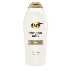 OGX Nourishing + Coconut Milk Acondicionador: empaque cercano realza hidratación y suavidad.