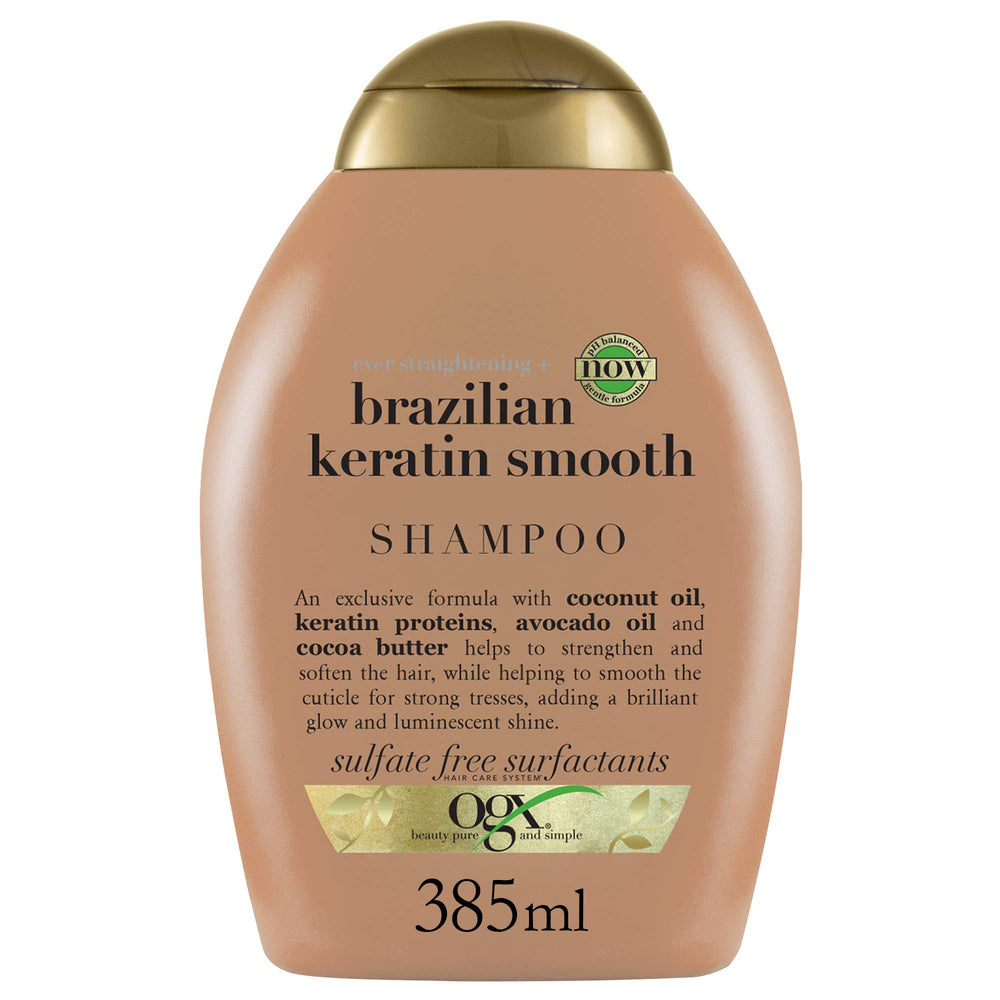 OGX Organix keratina brasileña: botella frontal, cabello suave y brillante.