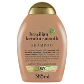 OGX Organix keratina brasileña: botella frontal, cabello suave y brillante.