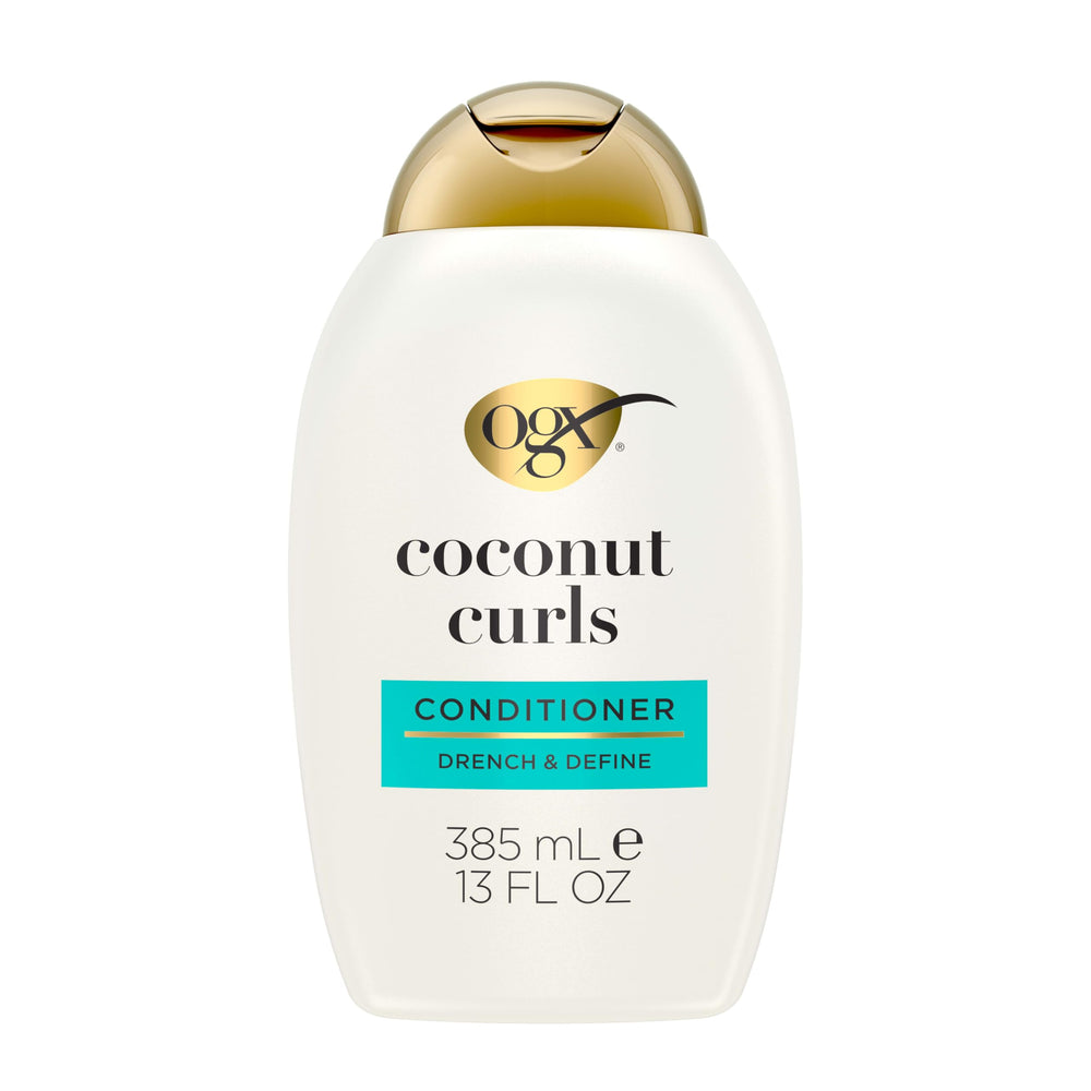 OGX Quenching Coconut Curls conditioner bottle aids detangling for smoother curls.
