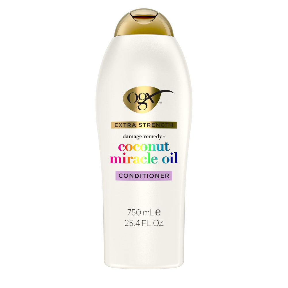 OGX Remedio de Daño con Coco, botella visible para cabello suave y brillante.
