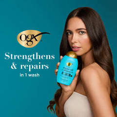 OGX Renewing Argan Oil of Morocco shampoo bottle back showing ingredients and free-from formula