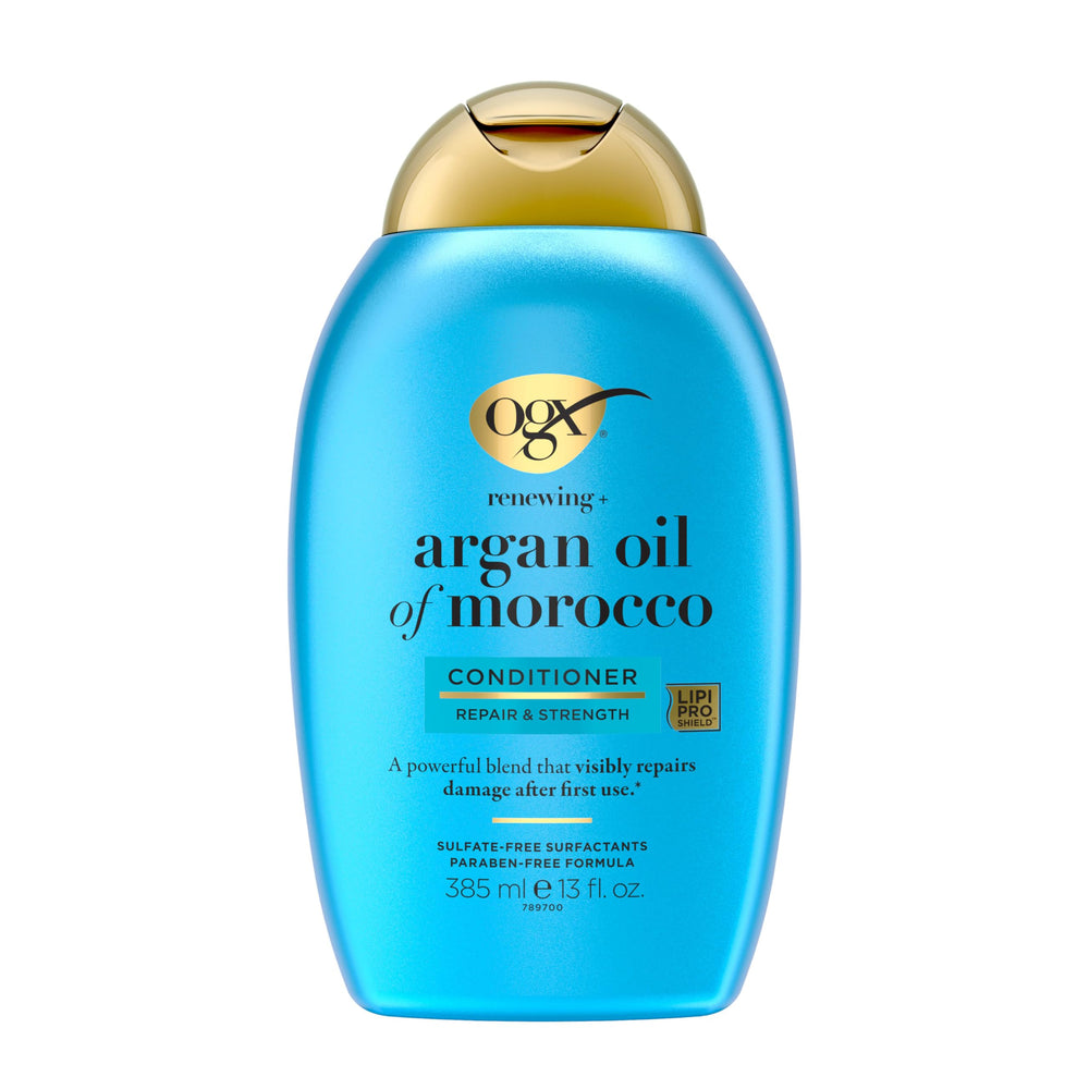 OGX Renewing Argan Oil of Morocco conditioner bottle highlights hydrating formula for silky hair