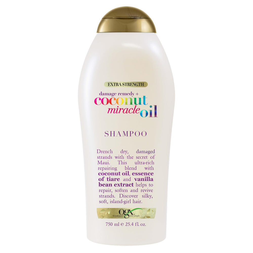 OGX Reparación de daño con champú Coco Milagroso en botella, devuelve suavidad y brillo al cabello dañado.