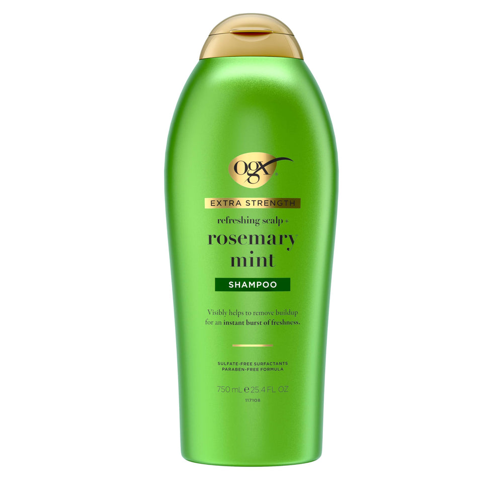 OGX Rosemary Mint Champú botella: limpieza profunda para cabello graso y residuos.