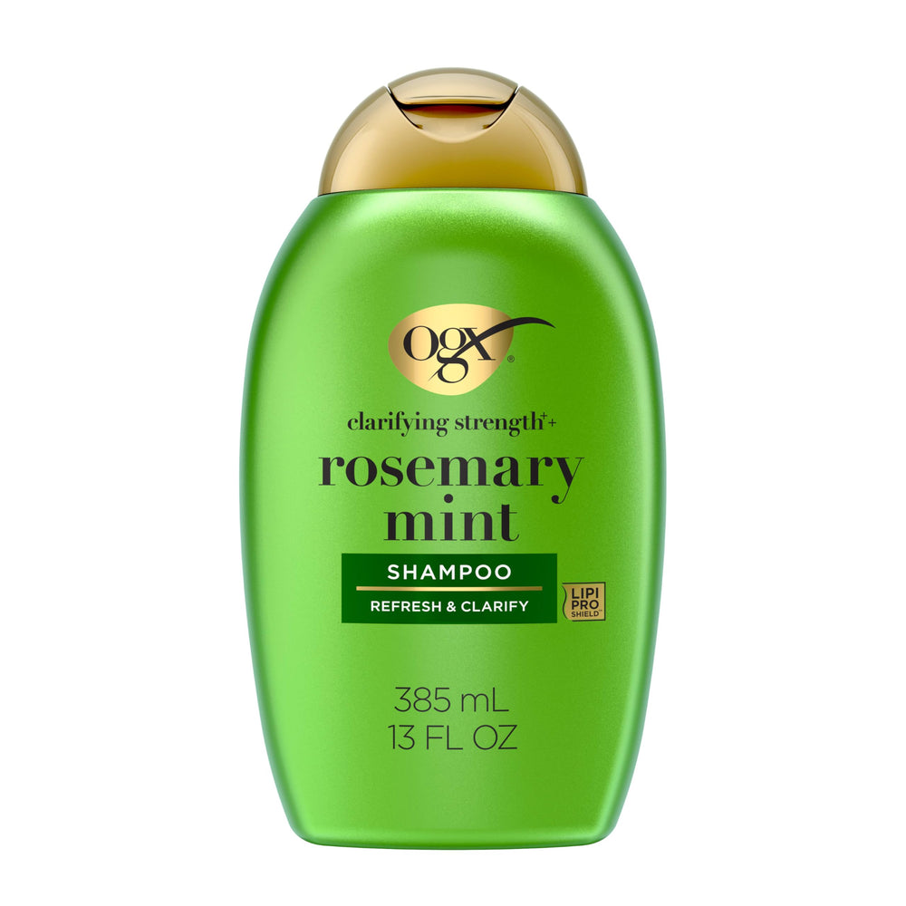 OGX Rosemary Mint Shampoo bottle shows a refreshing cleansing for oily hair