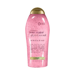 OGX Sensitive Rose Water bottle with pink sea salt offering a gentle cleanse