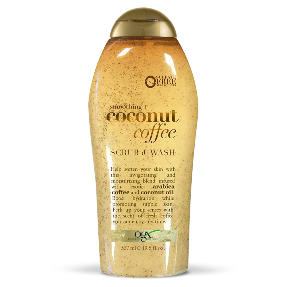 OGX Smoothing Coconut Coffee Scrub bottle showing exfoliating beads for softer skin.