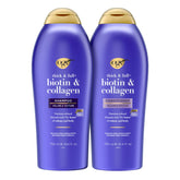 OGX Thick & Full Biotin & Collagen shampoo bottle pour boosts volume for flat hair