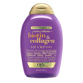 OGX Thick & Full Biotin Collagen Shampoo bottle boosts volume for fine hair.