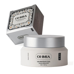OHMIA Lotus Multi Barrier Cream texture close-up shows velvety, fast absorbing finish.