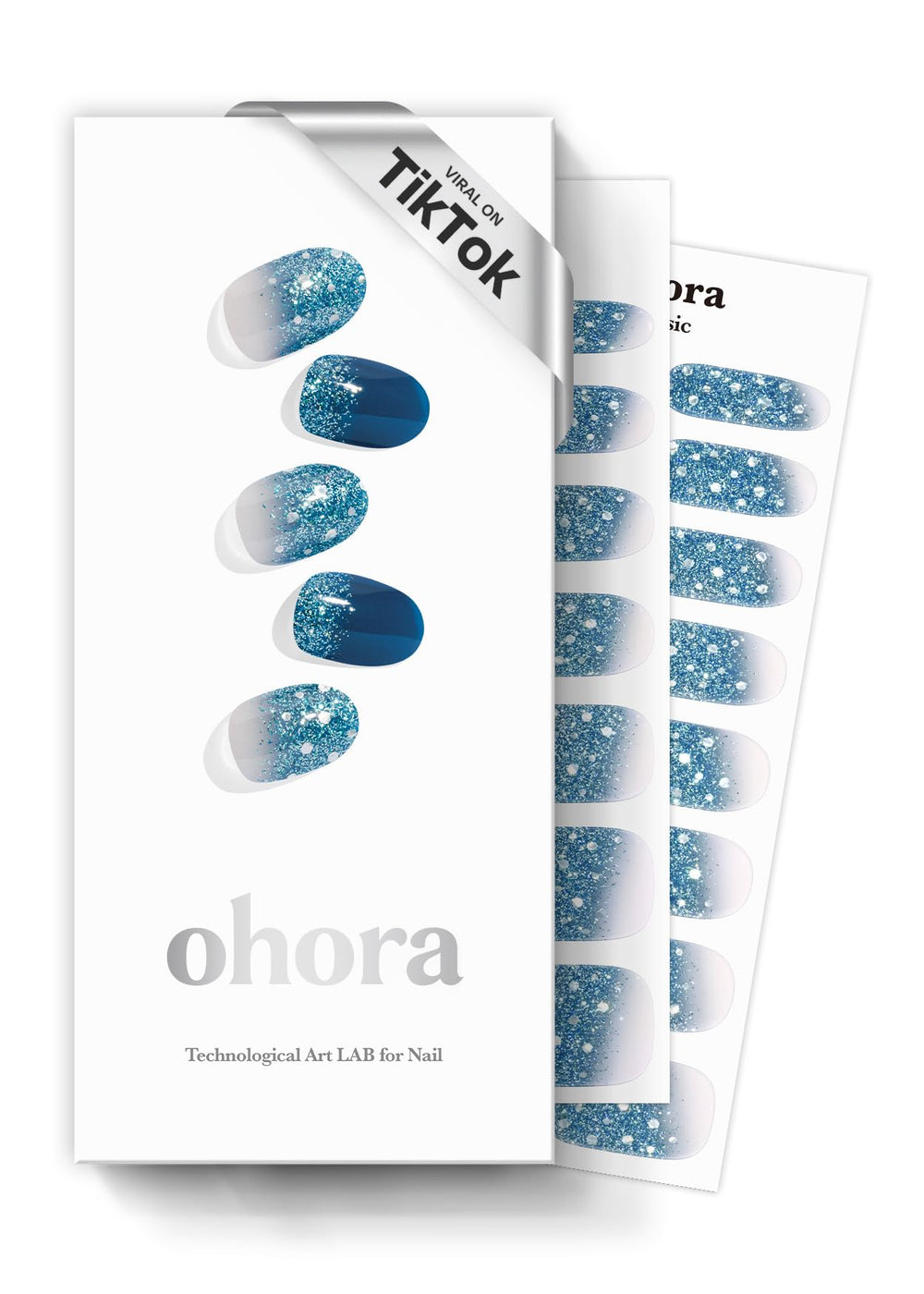 Ohora Waterbomb tiras para uñas azul purpurina, acabado brillante y duradero.