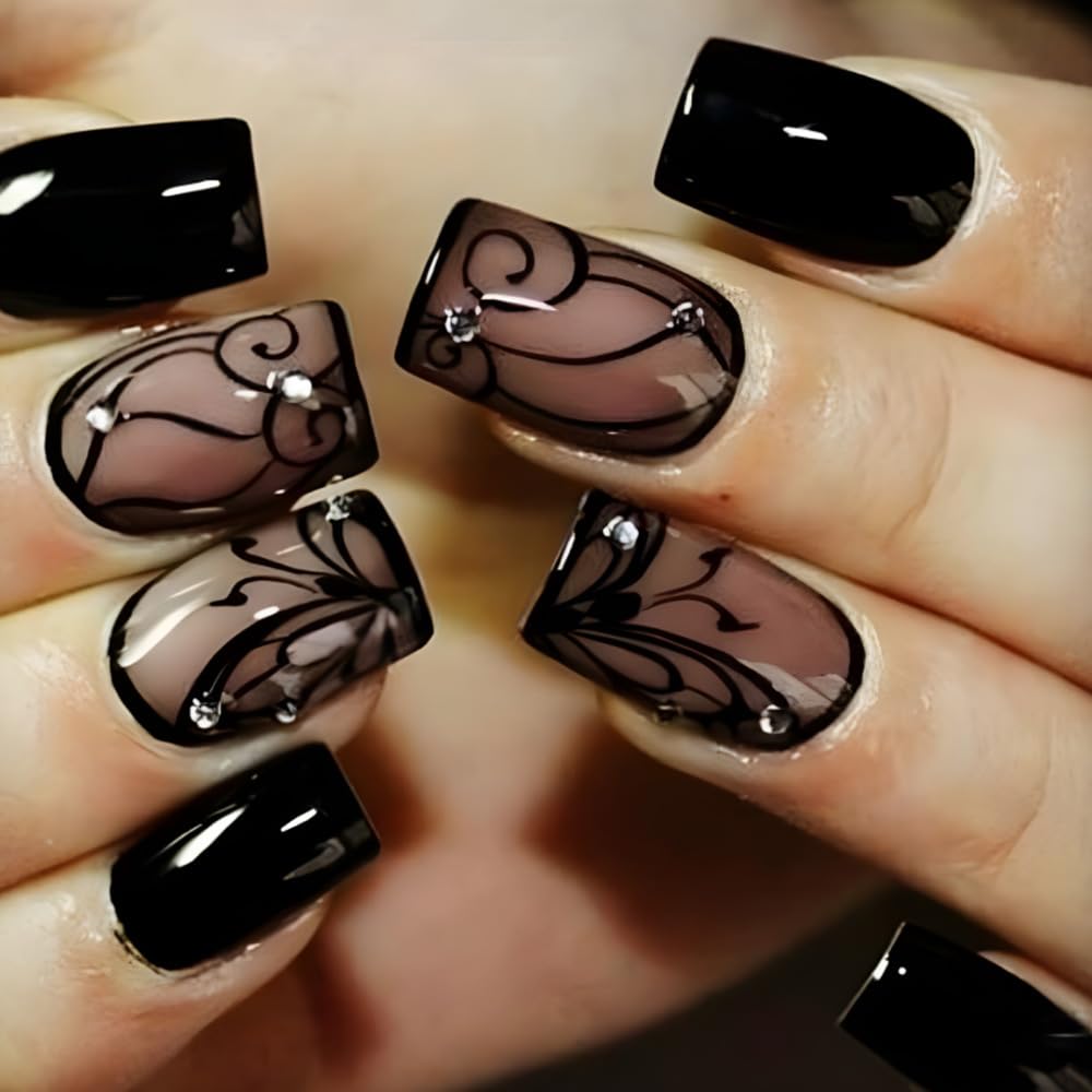 OHWODA uñas negro corto cuadrado con brillo, ideal para look diario