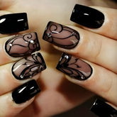 OHWODA uñas negro corto cuadrado con brillo, ideal para look diario