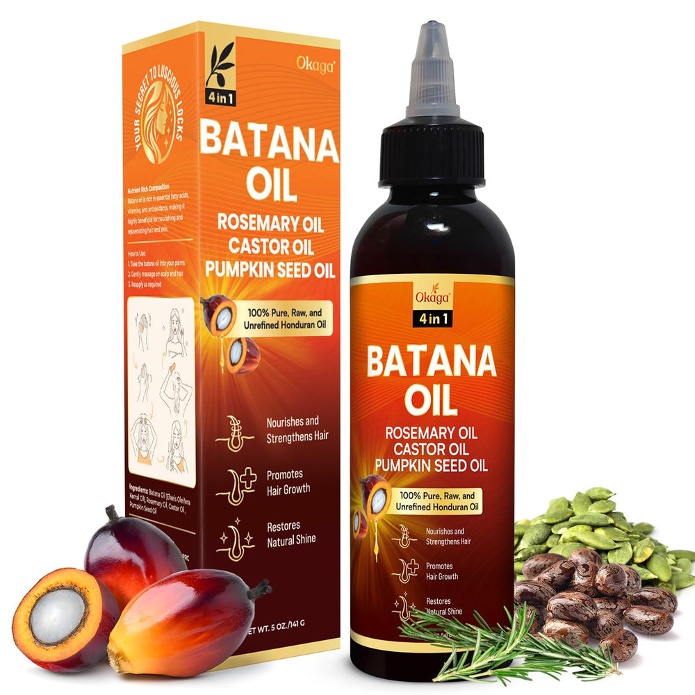 Okaga Batana Oil bottle with rosemary blend for scalp nourishment.