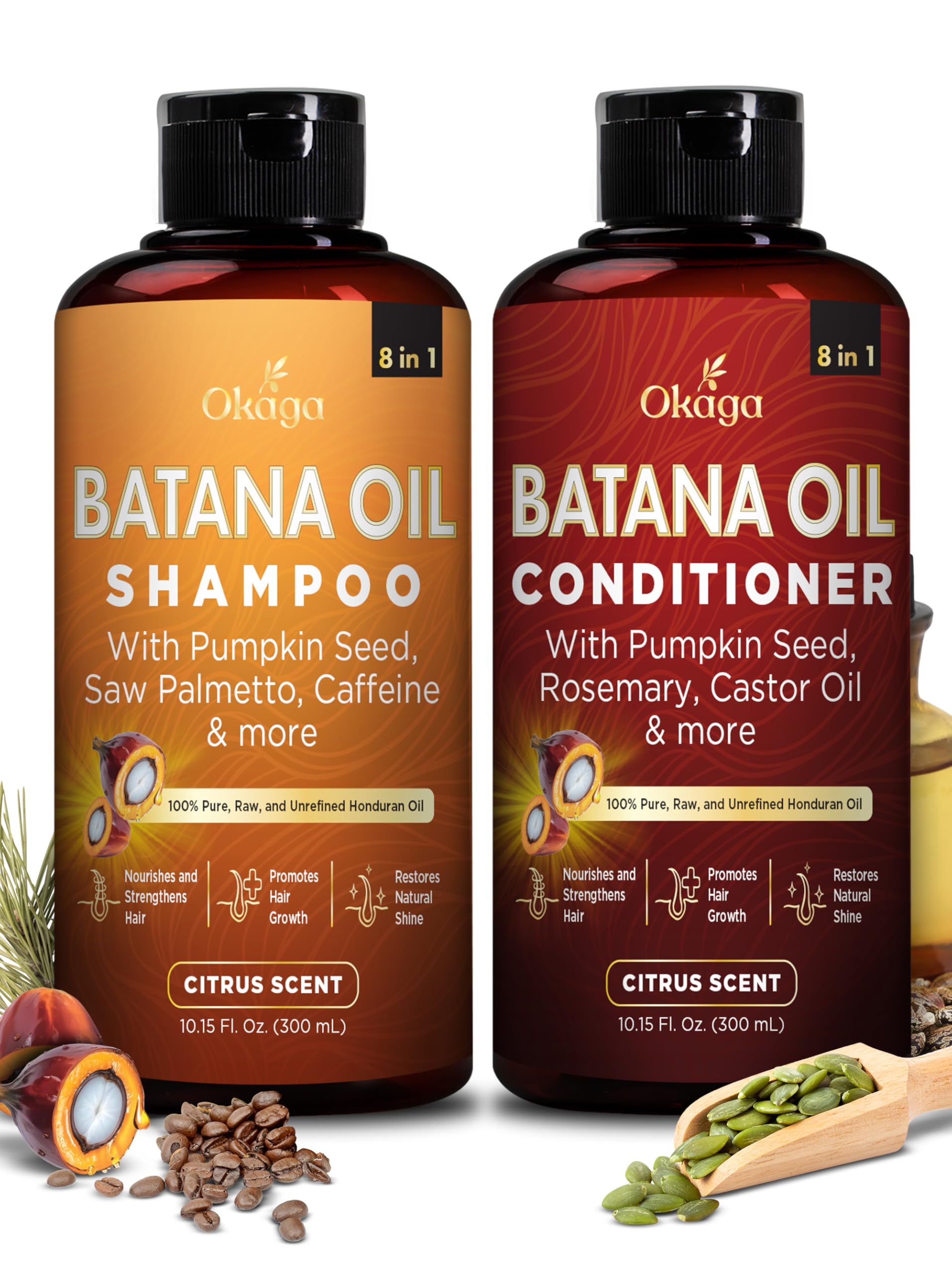 Okaga Batana Oil Shampoo bottle shows rich lather for gentle cleansing.