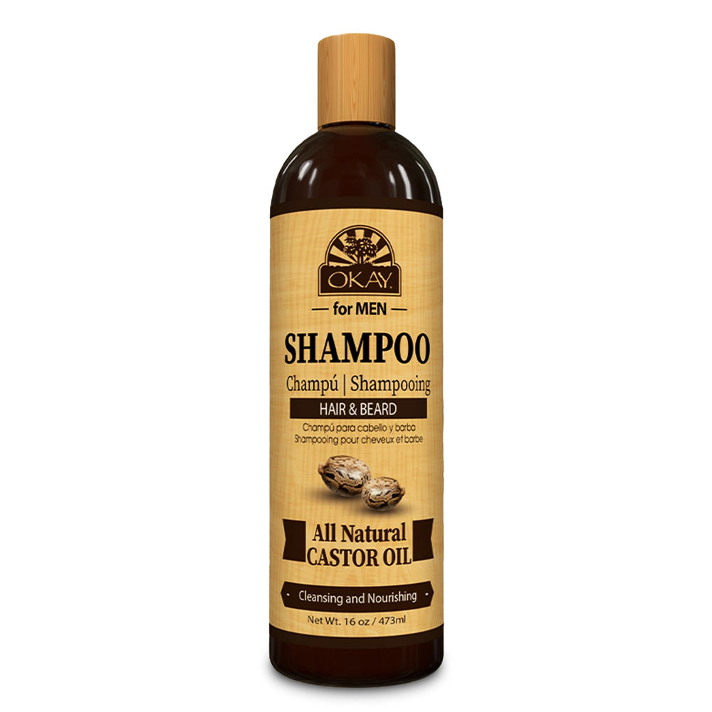 OKAY for MEN castor oil shampoo bottle for daily cleanse of hair and beard.