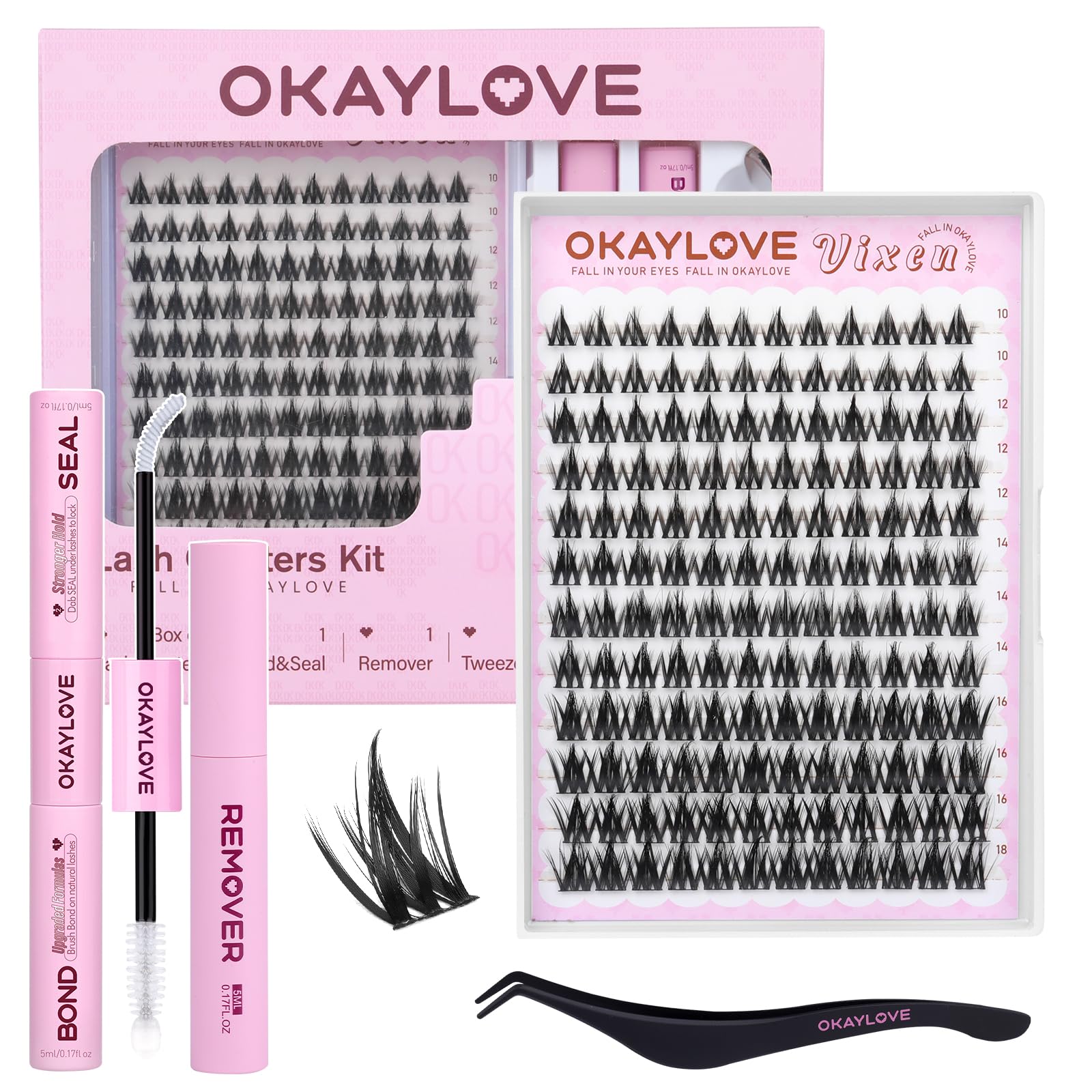 OKAYLOVE Vixen-style lashes kit front view for at-home application.