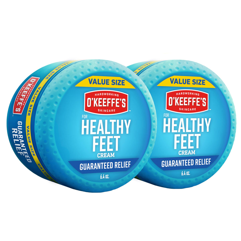 O'Keeffe's Healthy Feet cream jar shows 6.4 oz size for daily hydration