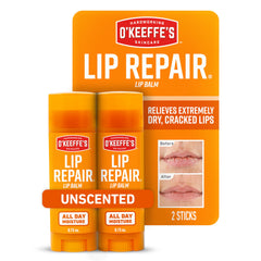 O'Keeffe's Lip Repair unscented stick delivers quick relief for dry lips.