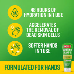 O'Keeffe's Working Hands exfolia suavemente con alfa-hidroxi y manteca de karite.