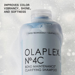 Olaplex 4C label closeup highlights a color safe clarifier for mineral removal.