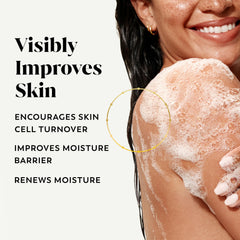 OLAY Body Wash for Women bottle with foam highlighting hyaluronic acid serum complex.