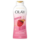 Olay Champagne Blush Body Wash bottle pour delivers lasting hydration.