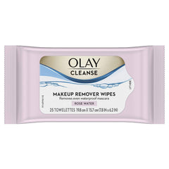 Olay Cleanse Makeup Remover Wipes rose water pack for quick makeup removal.