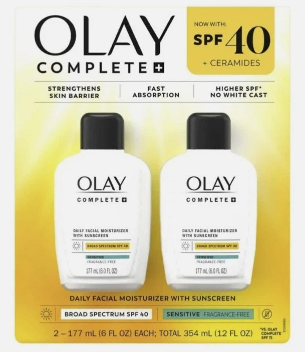 OLAY Complete daily moisturizer SPF 40 bottle shown for daily sun protection and hydration.