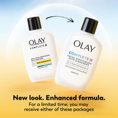 Olay Complete+ label closeup on fragrance-free sensitive skin formula