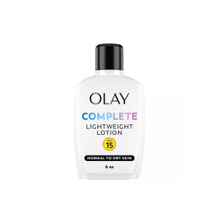 Olay Complete SPF 15 face moisturizer bottle shown for daily sun protection and hydration.