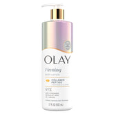 Olay crema corporal firmante con peptidos de colágeno, enfoque en firmeza y hidratación suave.