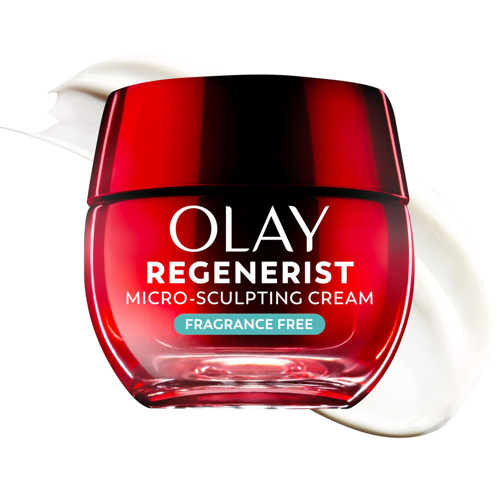 OLAY Regenerist crema en envase rojo, hidratación profunda para piel suave.