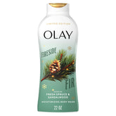 Ducha corporal Olay con aroma a abeto y sándalo para una sensación cálida.