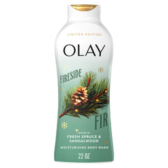Ducha corporal Olay con aroma a abeto y sándalo para una sensación cálida.