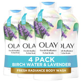 Olay Fresh Outlast Birch Water Lavender bottle promotes a hydrating shower experience.