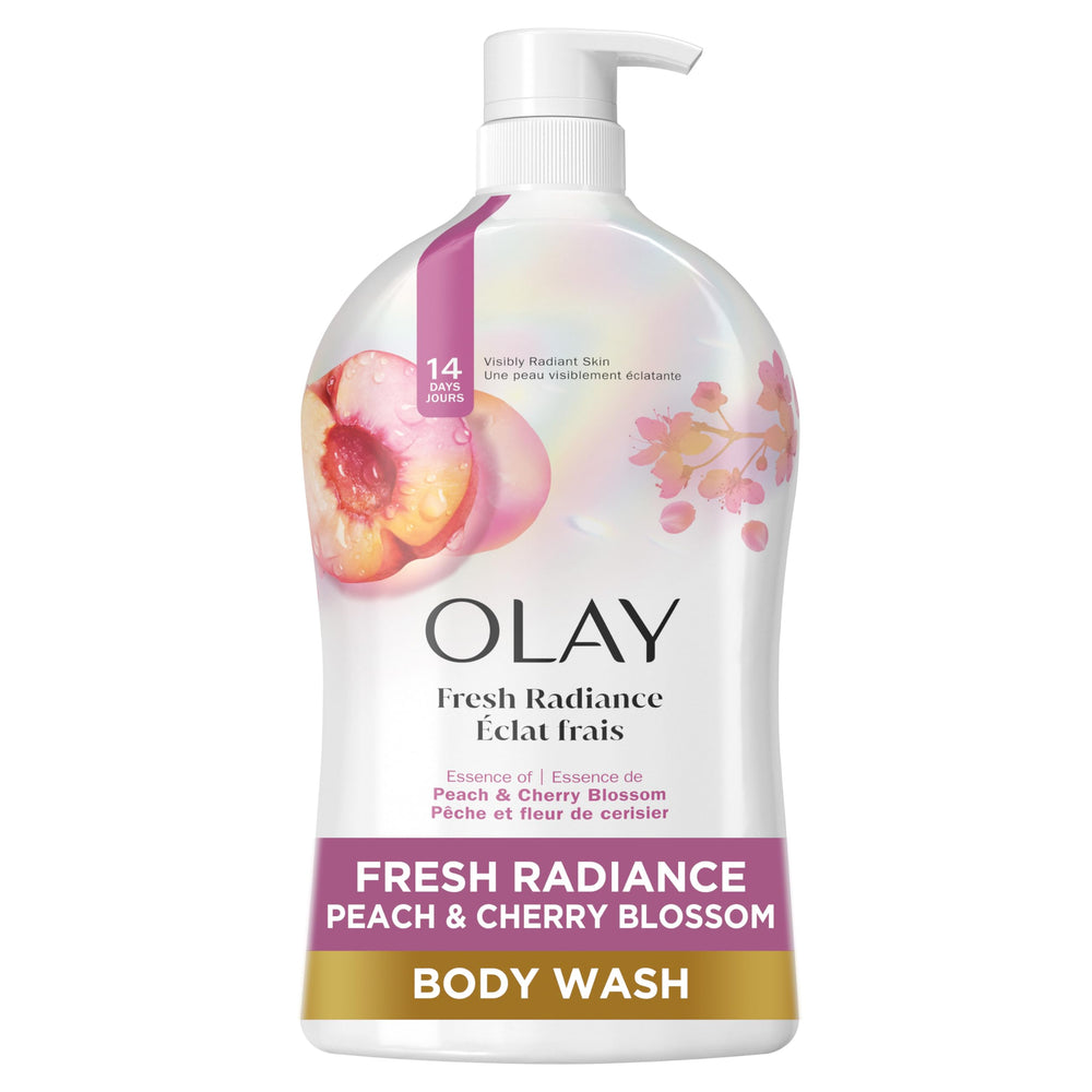 Olay Fresh Outlast Ducha Corporal frente de la botella, limpieza suave y revitalizante para la piel.