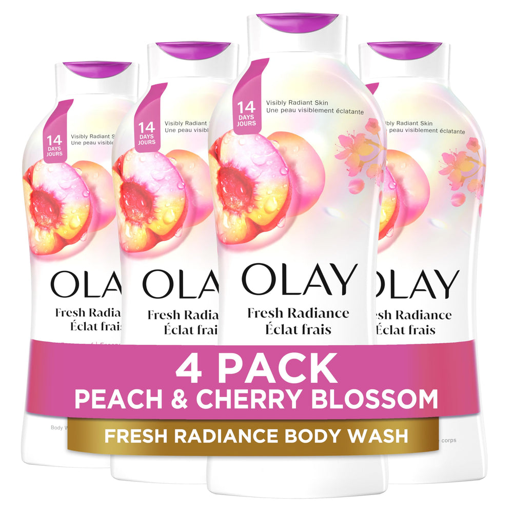 Olay Fresh Outlast peach-cherry bottle ready for refreshing shower