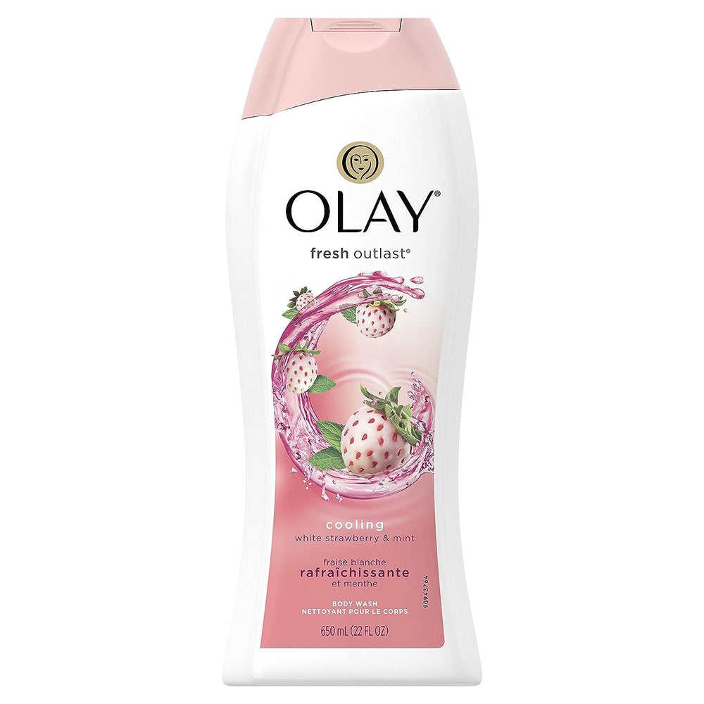 Olay Fresh Outlast White Strawberry & Mint bottle close-up signaling a refreshing shower experience