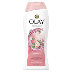 Olay Fresh Outlast White Strawberry & Mint bottle close-up signaling a refreshing shower experience