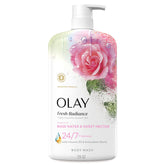 Olay Fresh Radiance: botella con rosas y aroma suave para piel fresca.
